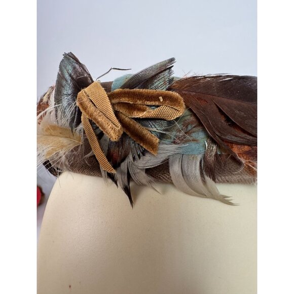 Vintage Feathered Fascinator Hat Brown & Beige Woven Design Womens Accessory Ele - Picture 8 of 14